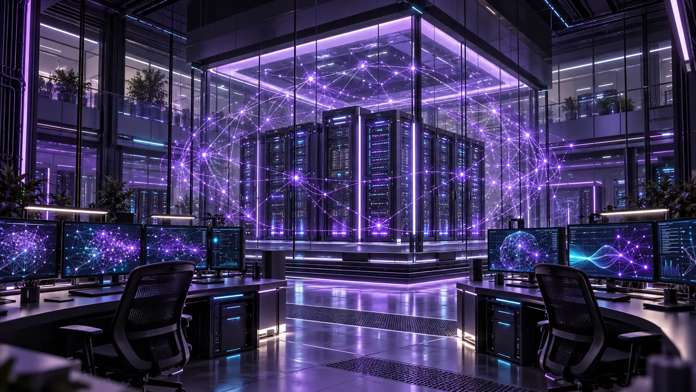 Conceptual cybersecurity research lab with protected servers and AI network monitoring workstations